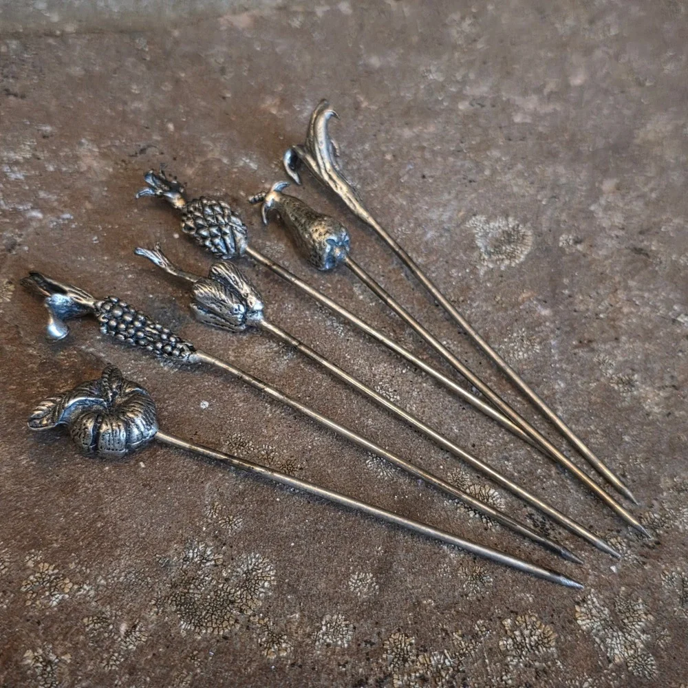 Vintage Bar ware MCM Cocktail Picks Set of 6 Nickle Silver Appetizer Skewers